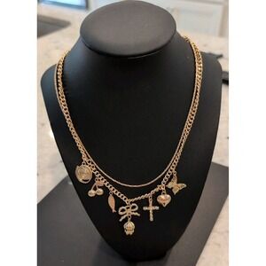 Universal Thread Double Stand Charm Necklace Gold Tone Cherry Heart Cross Fish